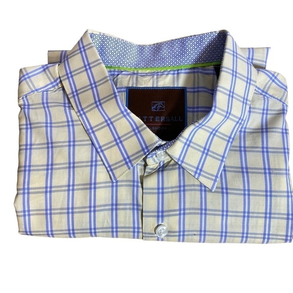 Tattersall London men's size L white yellow blue short sleeve button up shirt - Picture 2 of 7